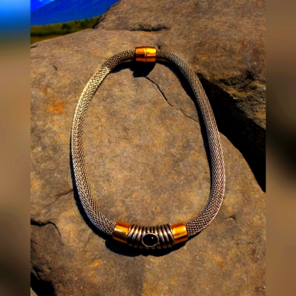 SILVER VINTAGE YURMAN INSPIRED MAGNETIC MESH CHOKER WITH GOLD ACCENTS AND ONYX